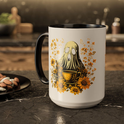 Colorful mug  with Ghost and Sunflowers Design - 11oz and 15oz