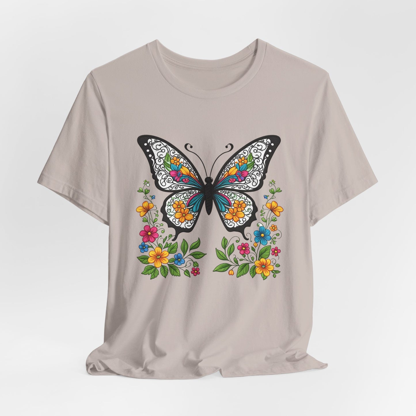 T-Shirt Butterfly and Flowers,  Botanical Floral Tee, Nature Lover Shirt, Cute Spring Top, Unisex Graphic Tee
