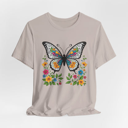 T-Shirt Butterfly and Flowers,  Botanical Floral Tee, Nature Lover Shirt, Cute Spring Top, Unisex Graphic Tee