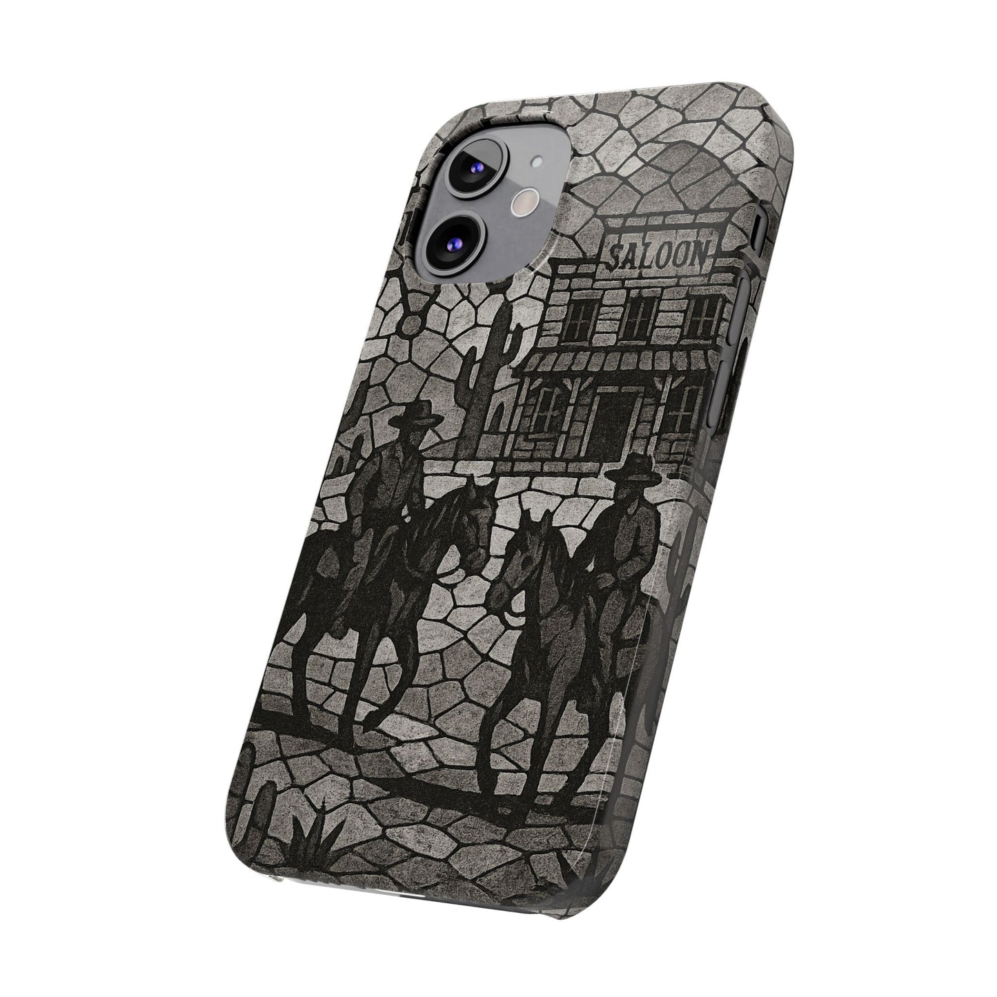 Slim Phone Cases Vintage Wild West Mosaic Art | Black & White Cowboy Scene | Sheriff, Horses & Saloon