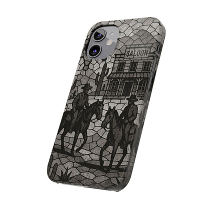 Slim Phone Cases Vintage Wild West Mosaic Art | Black & White Cowboy Scene | Sheriff, Horses & Saloon