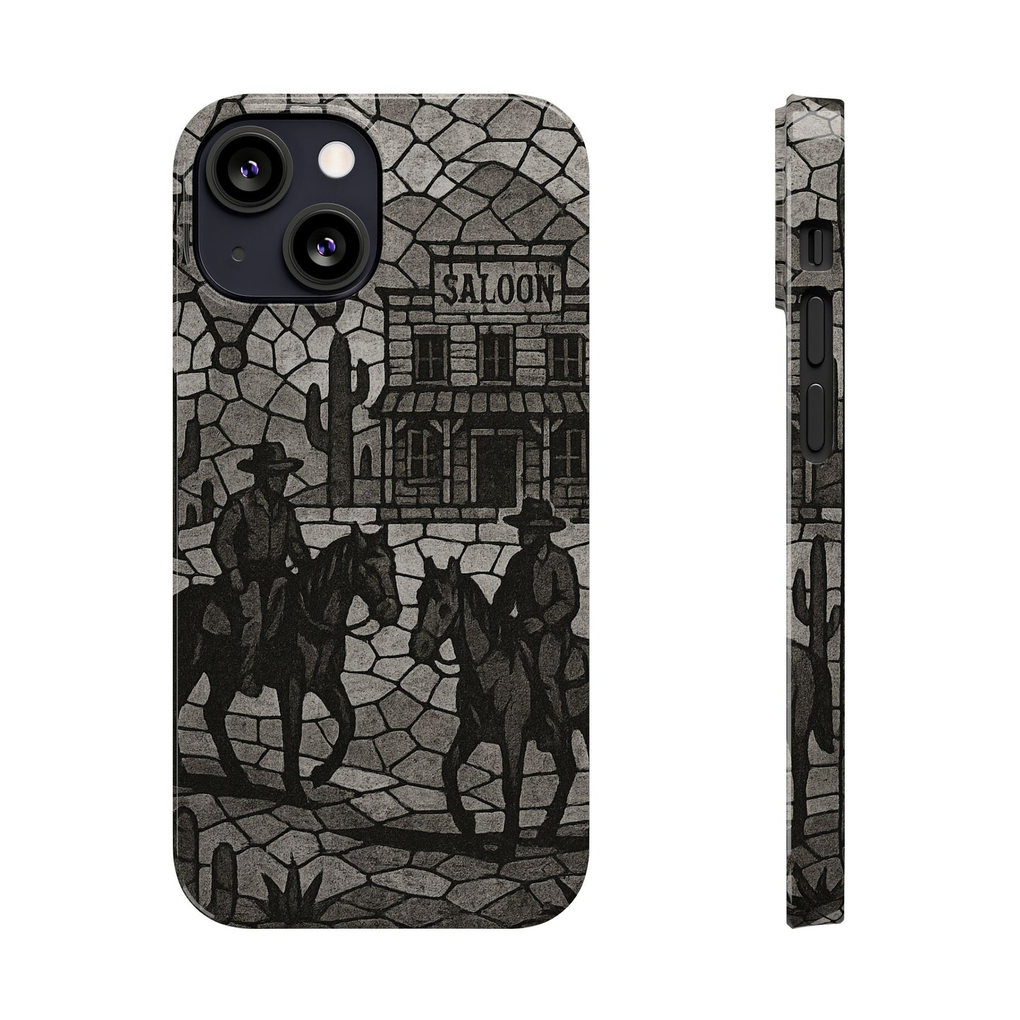 Slim Phone Cases Vintage Wild West Mosaic Art | Black & White Cowboy Scene | Sheriff, Horses & Saloon