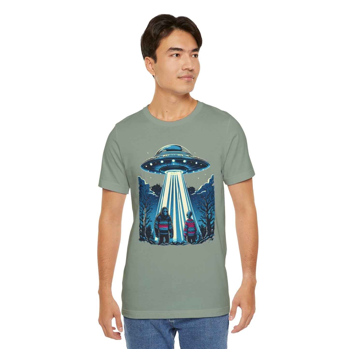 Alien Spaceship and Bigfoot Ugly Christmas Sweater Tee