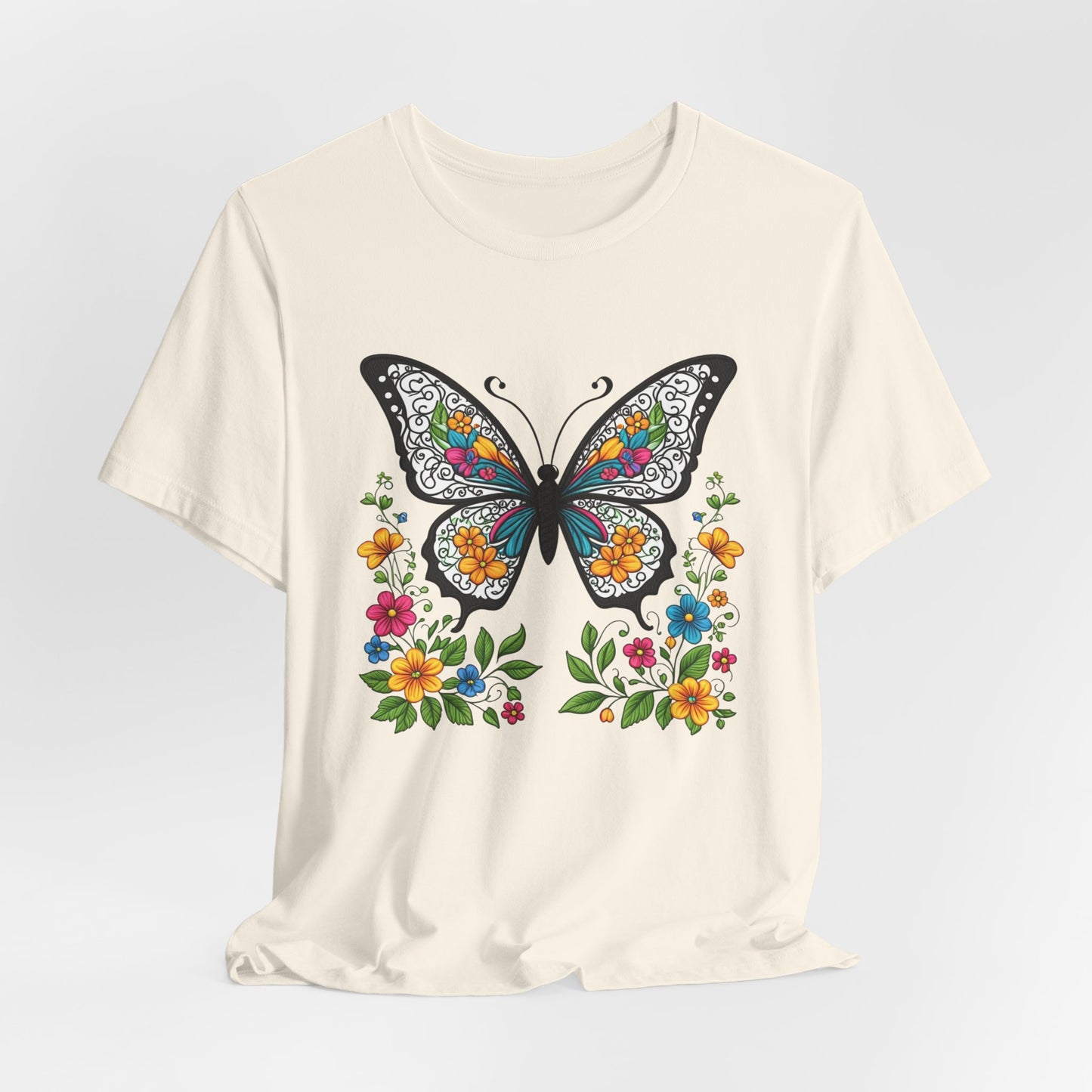 T-Shirt Butterfly and Flowers,  Botanical Floral Tee, Nature Lover Shirt, Cute Spring Top, Unisex Graphic Tee