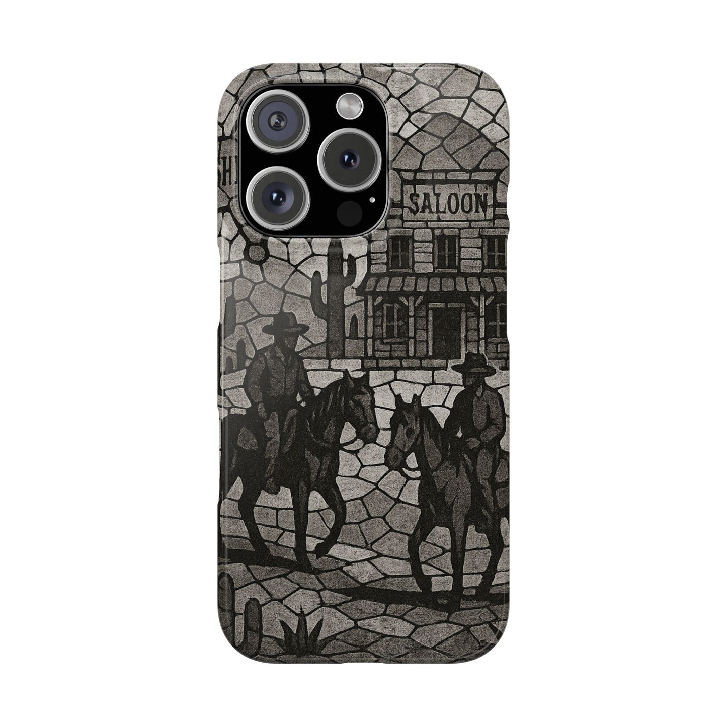 Slim Phone Cases Vintage Wild West Mosaic Art | Black & White Cowboy Scene | Sheriff, Horses & Saloon