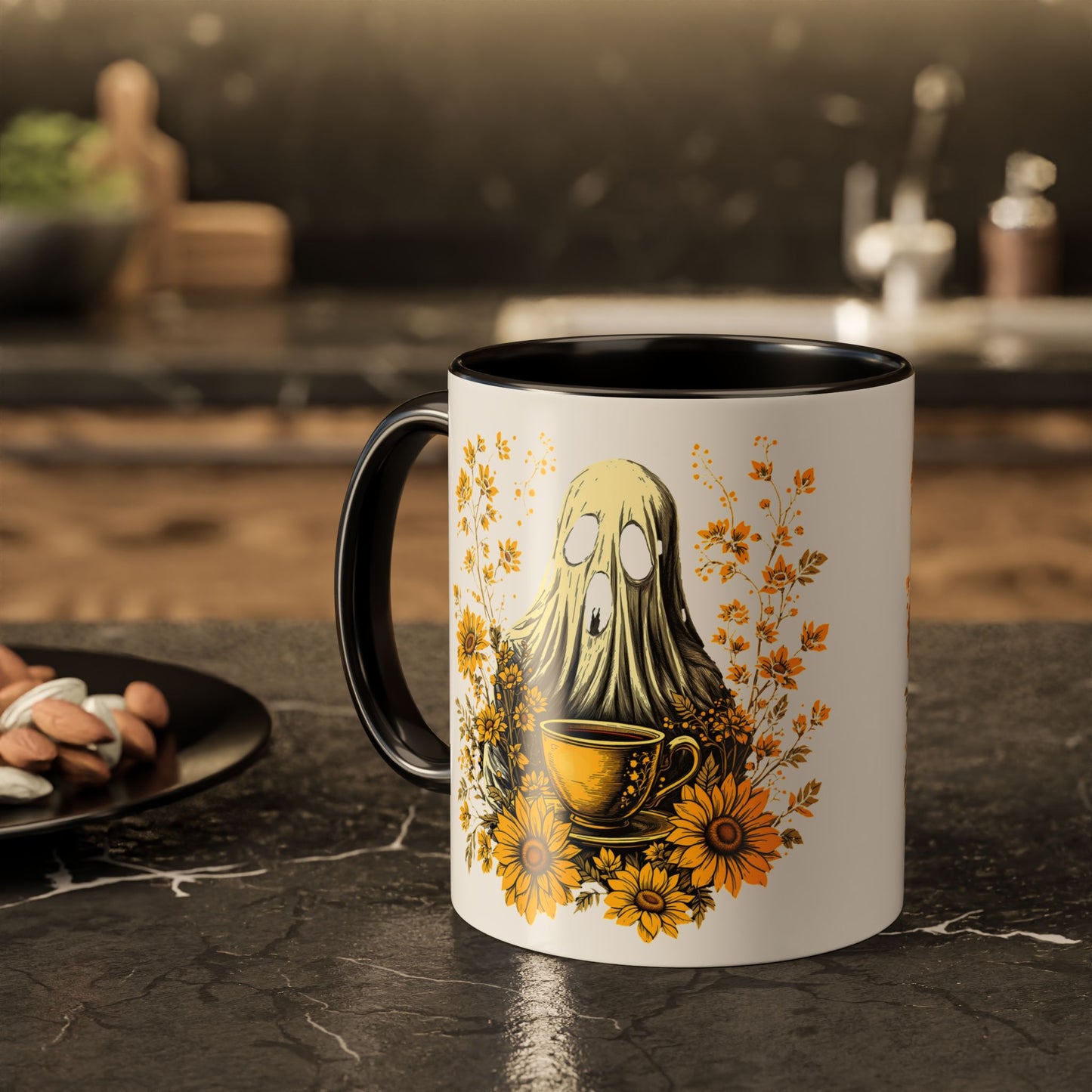 Colorful mug  with Ghost and Sunflowers Design - 11oz and 15oz
