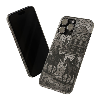 Slim Phone Cases Vintage Wild West Mosaic Art | Black & White Cowboy Scene | Sheriff, Horses & Saloon