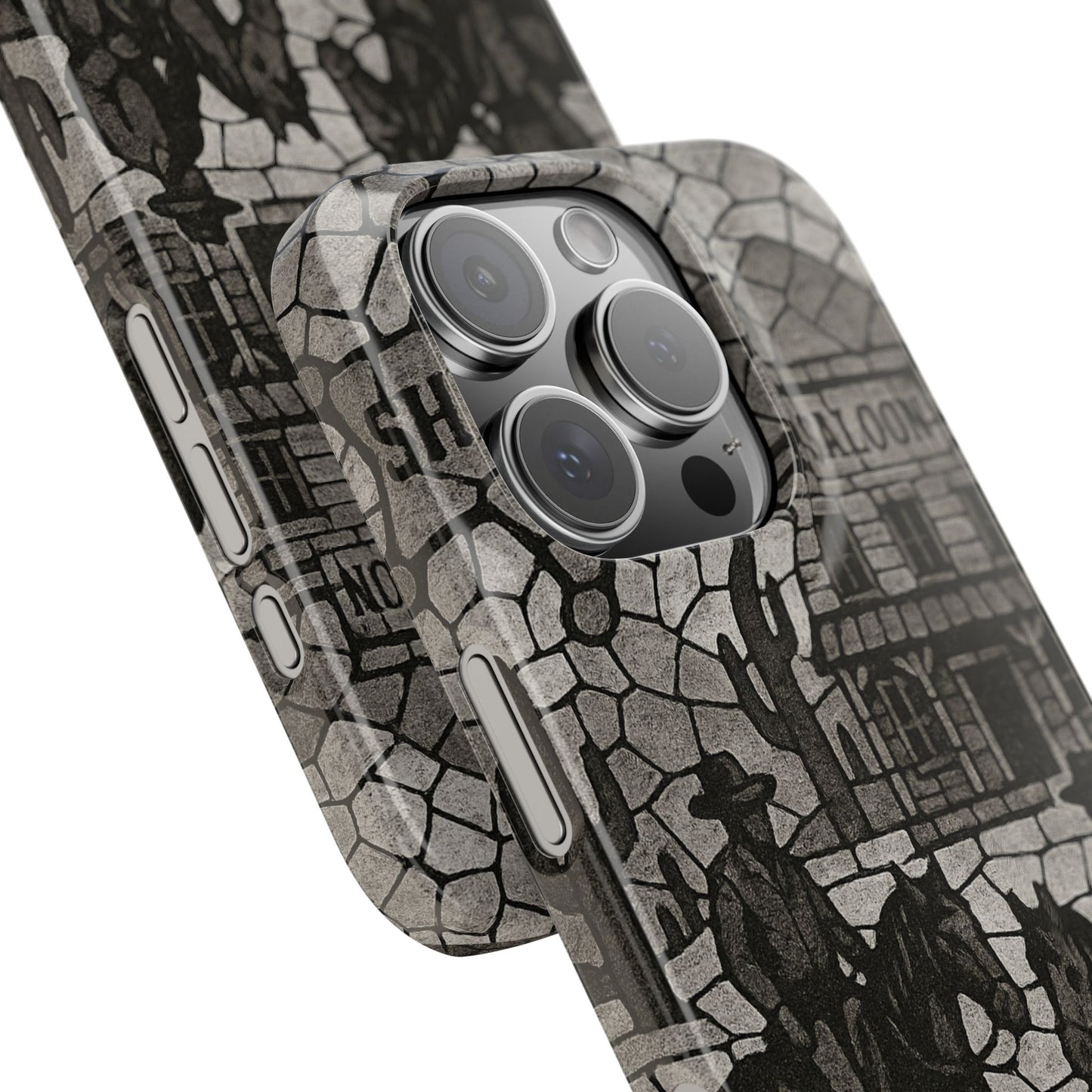 Slim Phone Cases Vintage Wild West Mosaic Art | Black & White Cowboy Scene | Sheriff, Horses & Saloon