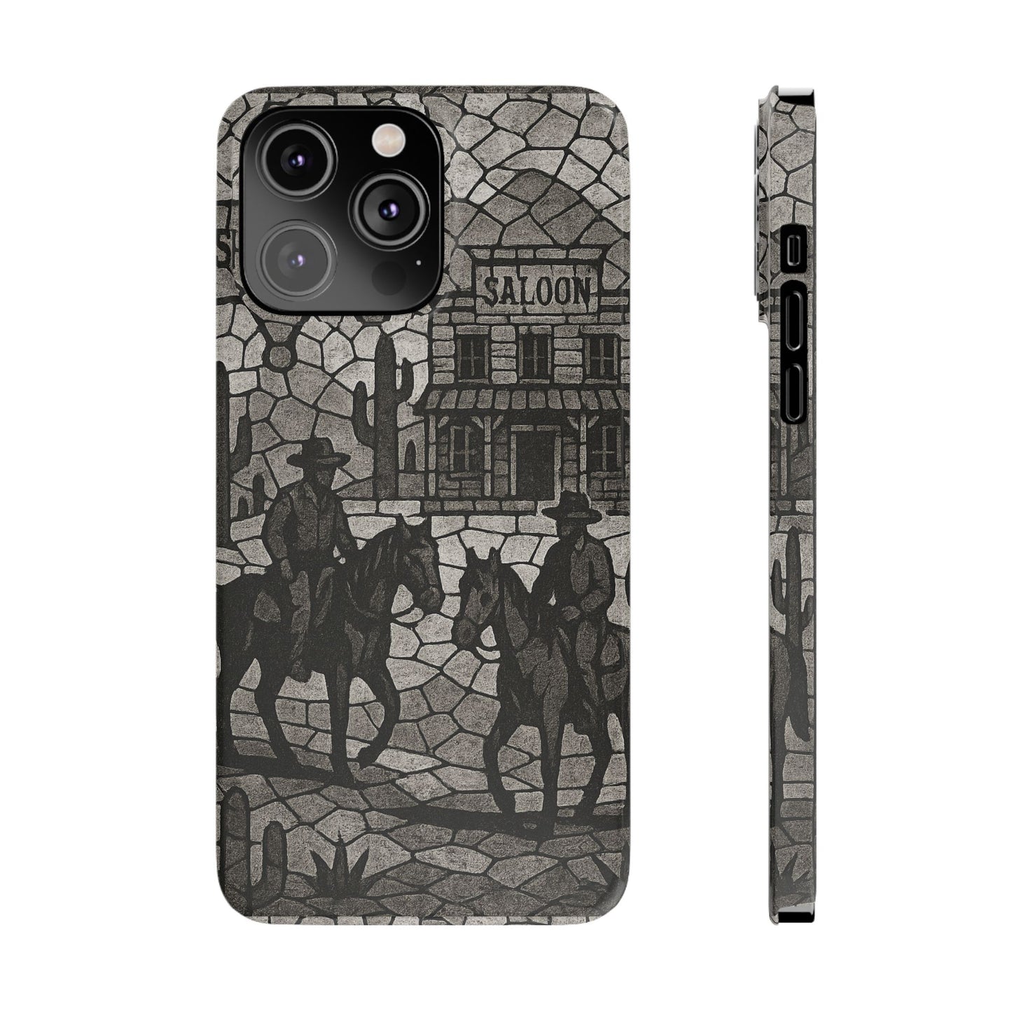 Slim Phone Cases Vintage Wild West Mosaic Art | Black & White Cowboy Scene | Sheriff, Horses & Saloon