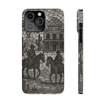 Slim Phone Cases Vintage Wild West Mosaic Art | Black & White Cowboy Scene | Sheriff, Horses & Saloon