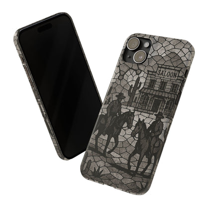 Slim Phone Cases Vintage Wild West Mosaic Art | Black & White Cowboy Scene | Sheriff, Horses & Saloon