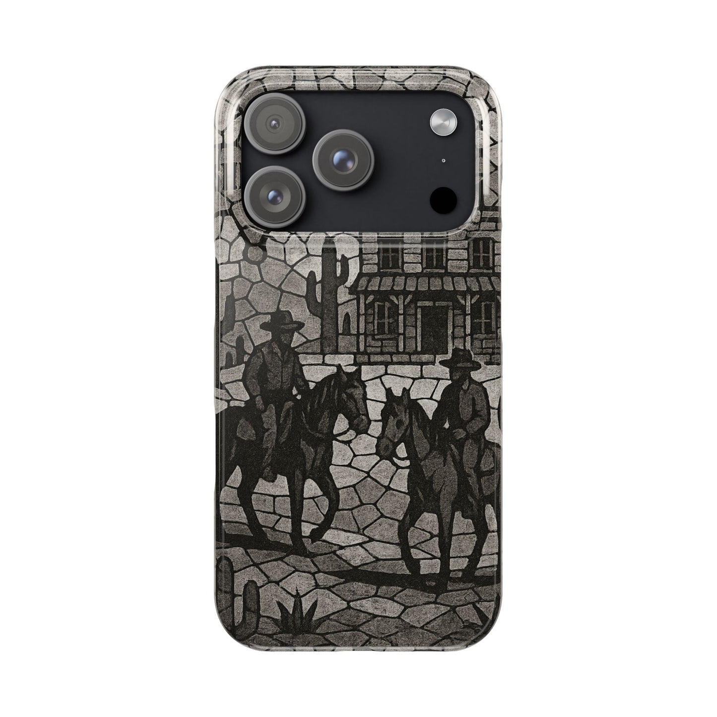 Slim Phone Cases Vintage Wild West Mosaic Art | Black & White Cowboy Scene | Sheriff, Horses & Saloon