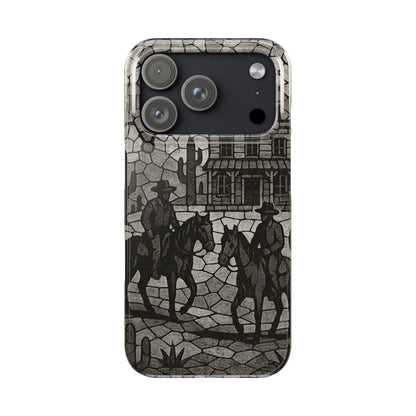 Slim Phone Cases Vintage Wild West Mosaic Art | Black & White Cowboy Scene | Sheriff, Horses & Saloon