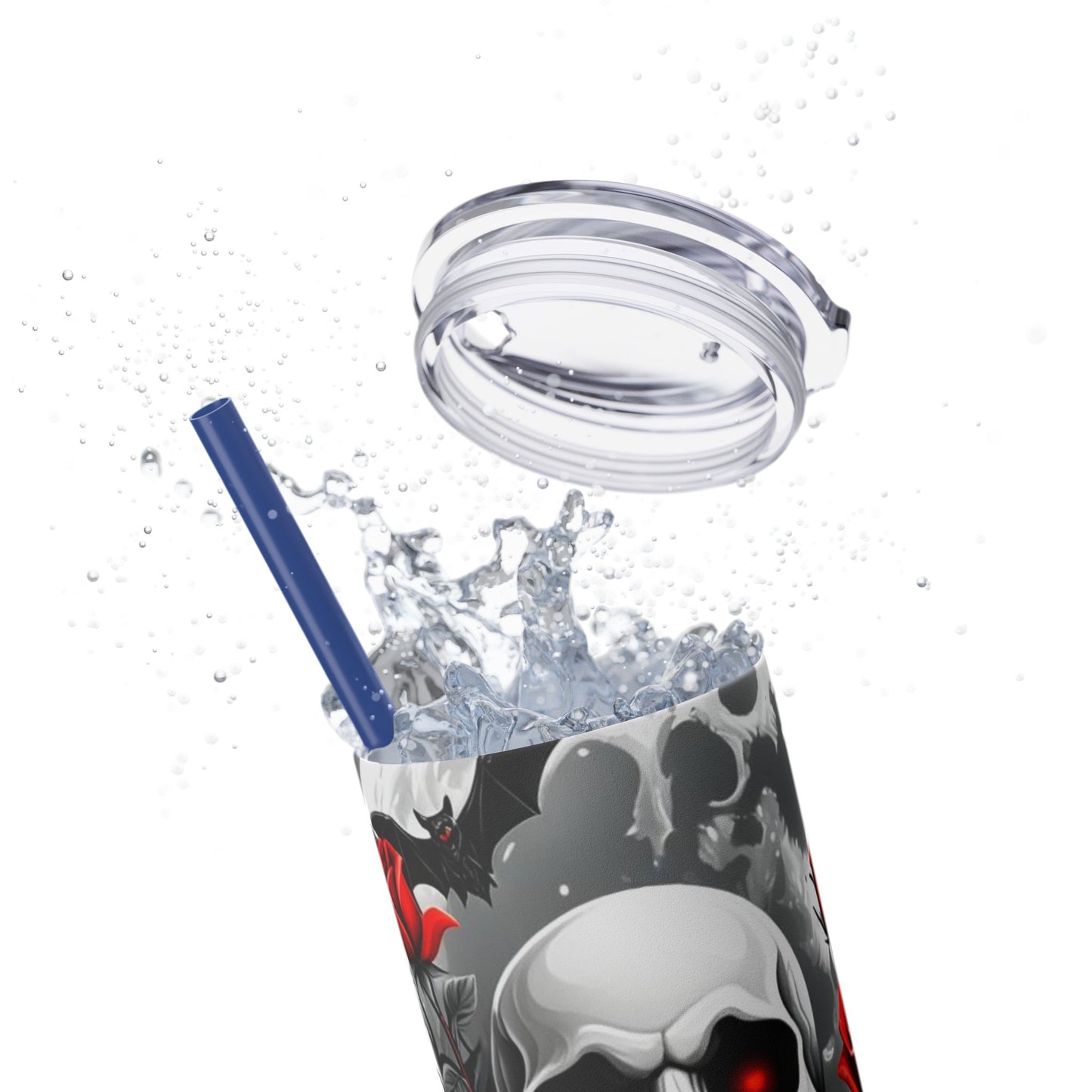 20oz Skinny Tumbler with Straw - Halloween Skulls and Red Roses Design