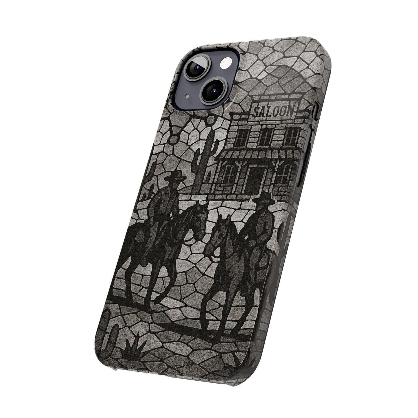 Slim Phone Cases Vintage Wild West Mosaic Art | Black & White Cowboy Scene | Sheriff, Horses & Saloon