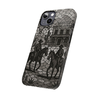 Slim Phone Cases Vintage Wild West Mosaic Art | Black & White Cowboy Scene | Sheriff, Horses & Saloon
