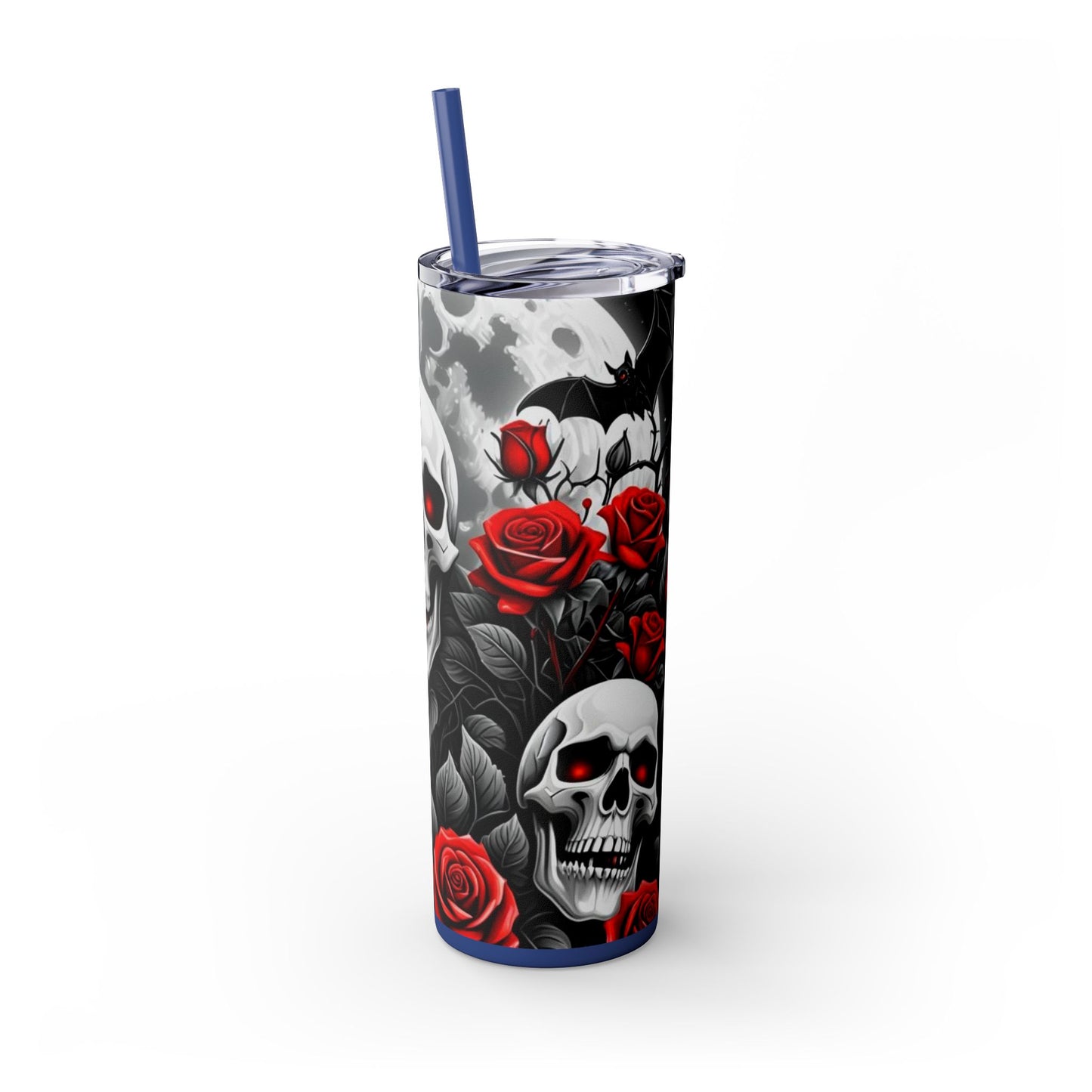 20oz Skinny Tumbler with Straw - Halloween Skulls and Red Roses Design