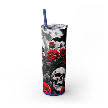 20oz Skinny Tumbler with Straw - Halloween Skulls and Red Roses Design