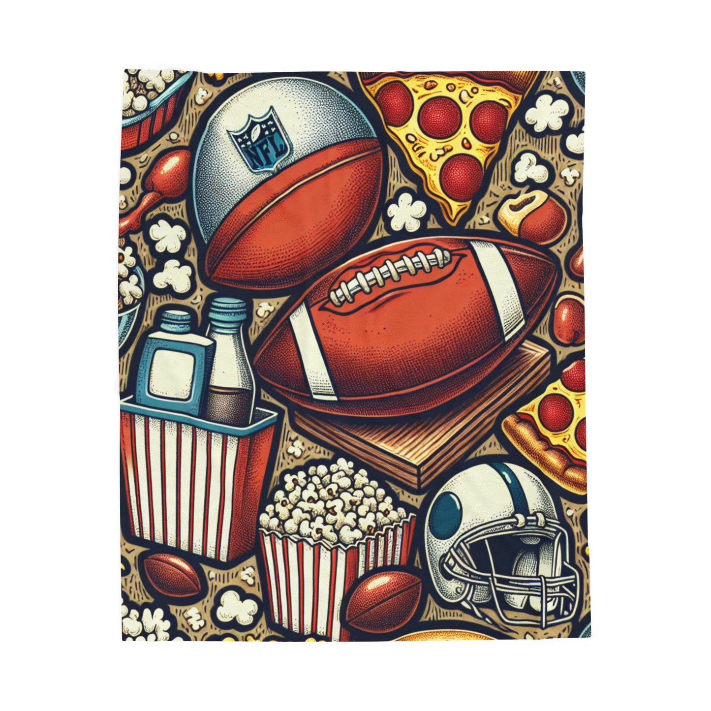 Plush Blanket Football Season Funny Pizza Popcorn Design