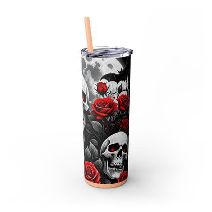 20oz Skinny Tumbler with Straw - Halloween Skulls and Red Roses Design