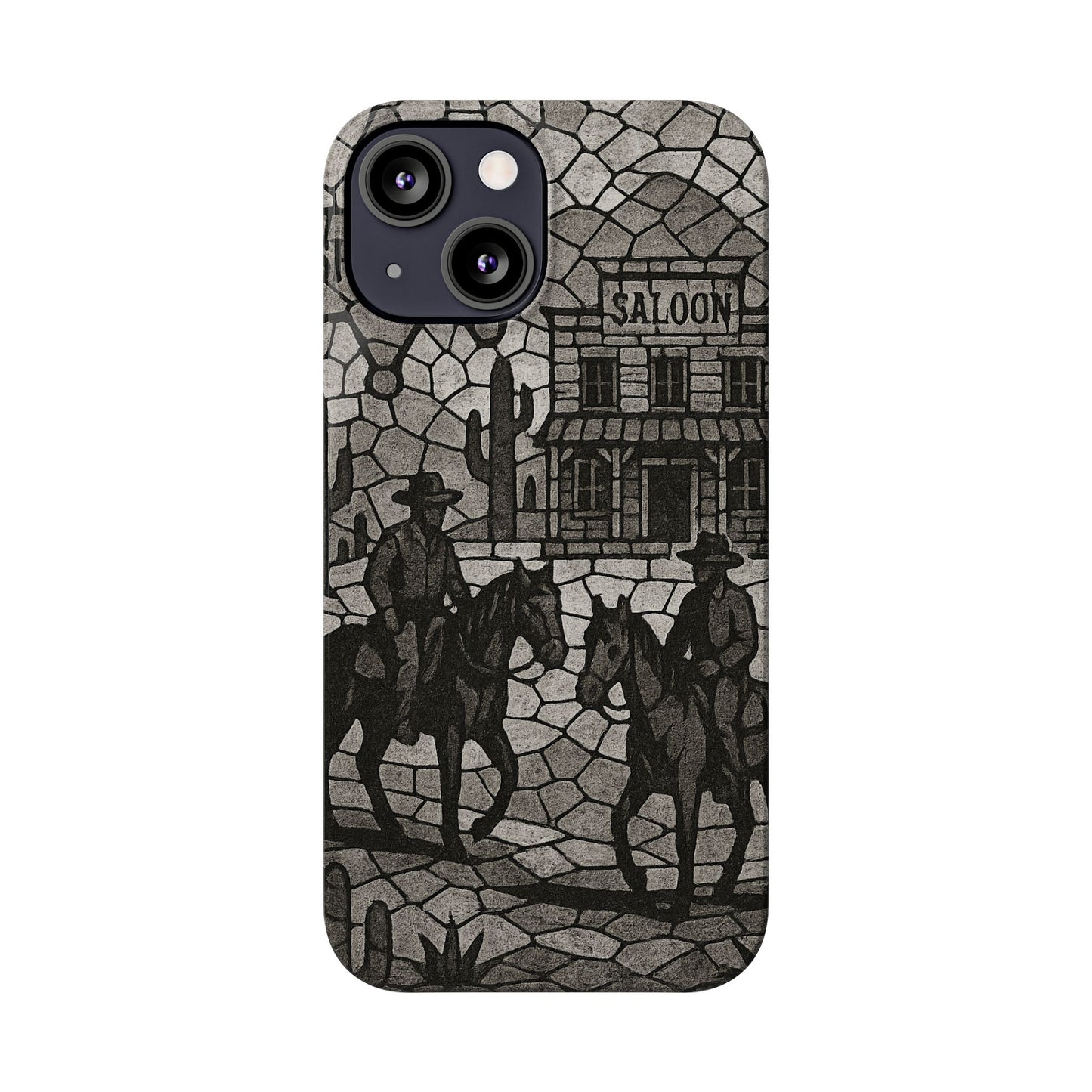 Slim Phone Cases Vintage Wild West Mosaic Art | Black & White Cowboy Scene | Sheriff, Horses & Saloon