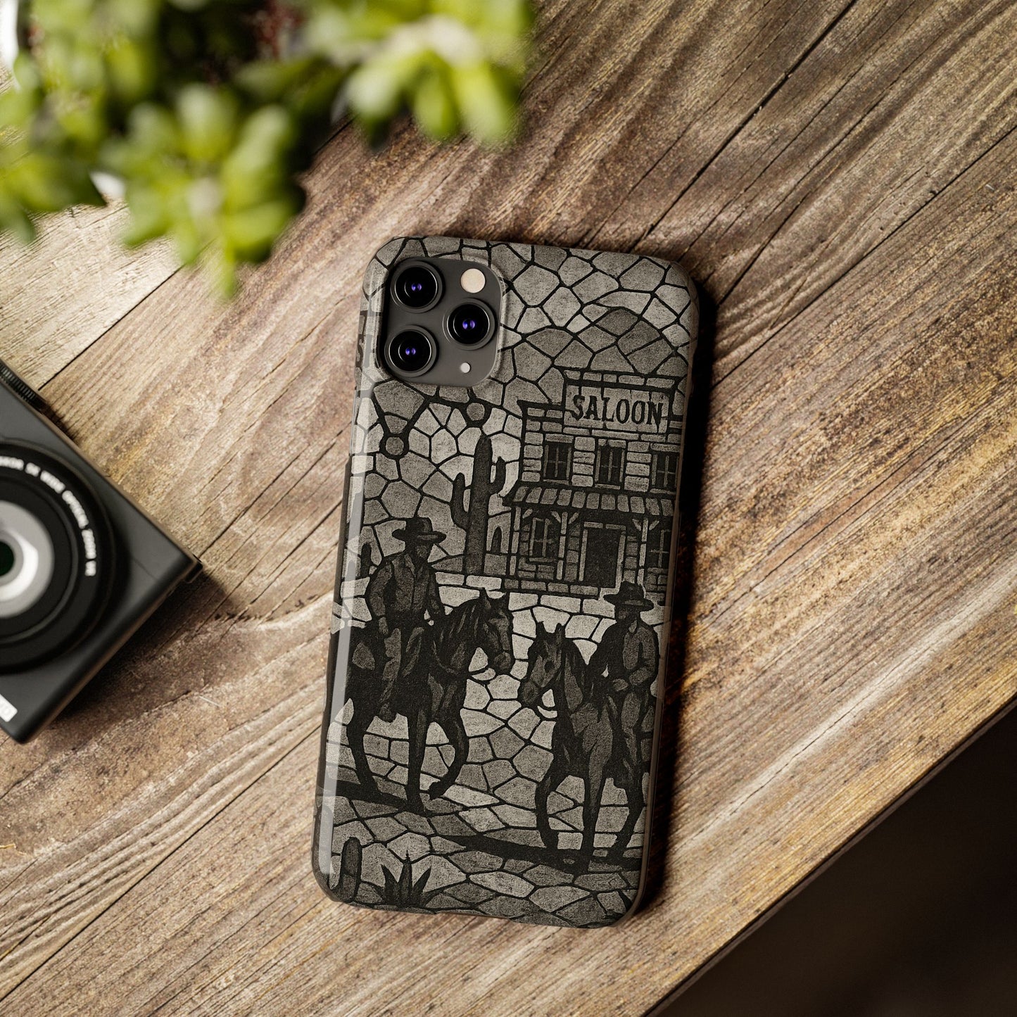 Slim Phone Cases Vintage Wild West Mosaic Art | Black & White Cowboy Scene | Sheriff, Horses & Saloon