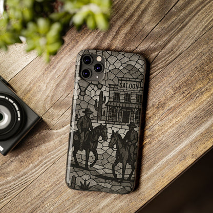 Slim Phone Cases Vintage Wild West Mosaic Art | Black & White Cowboy Scene | Sheriff, Horses & Saloon