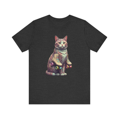 Cat with Roller Unisex Tee, Short Sleeve Shirt, Roller Coaster Cat Graphic Top, Cute Animal T-Shirt, Funny 80s Theme Shirt