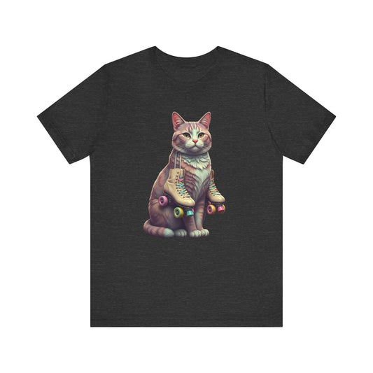 Cat with Roller Unisex Tee, Short Sleeve Shirt, Roller Coaster Cat Graphic Top, Cute Animal T-Shirt, Funny 80s Theme Shirt