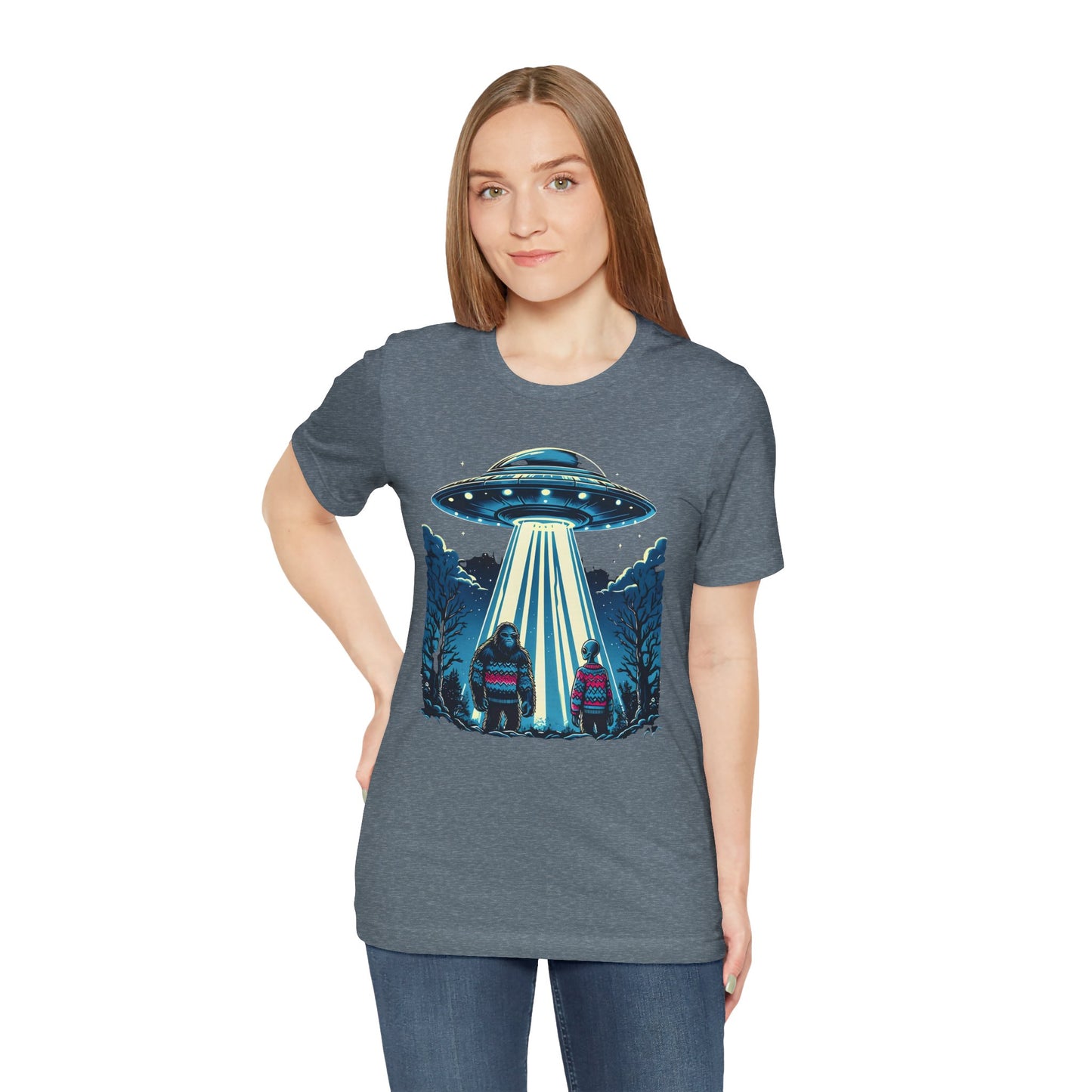 Alien Spaceship and Bigfoot Ugly Christmas Sweater Tee