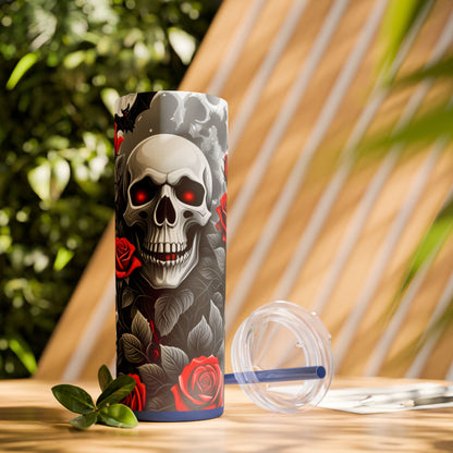 20oz Skinny Tumbler with Straw - Halloween Skulls and Red Roses Design