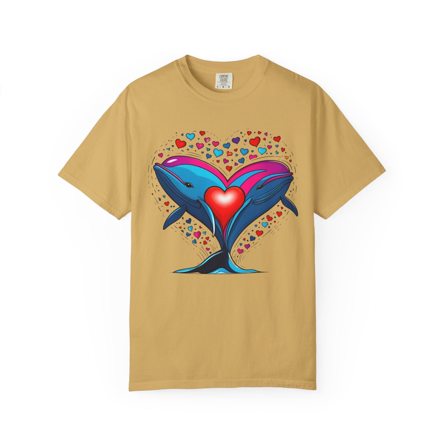 Whale and Heart Unisex Garment-Dyed T-shirt, Ocean Vibes Tee, Sea Lover Shirt, Nautical Graphic Top, Beachwear Apparel, Summer Fashion