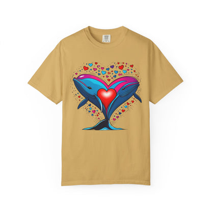 Whale and Heart Unisex Garment-Dyed T-shirt, Ocean Vibes Tee, Sea Lover Shirt, Nautical Graphic Top, Beachwear Apparel, Summer Fashion