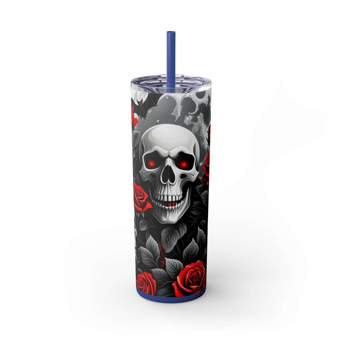 20oz Skinny Tumbler with Straw - Halloween Skulls and Red Roses Design