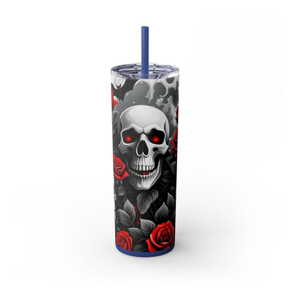20oz Skinny Tumbler with Straw - Halloween Skulls and Red Roses Design