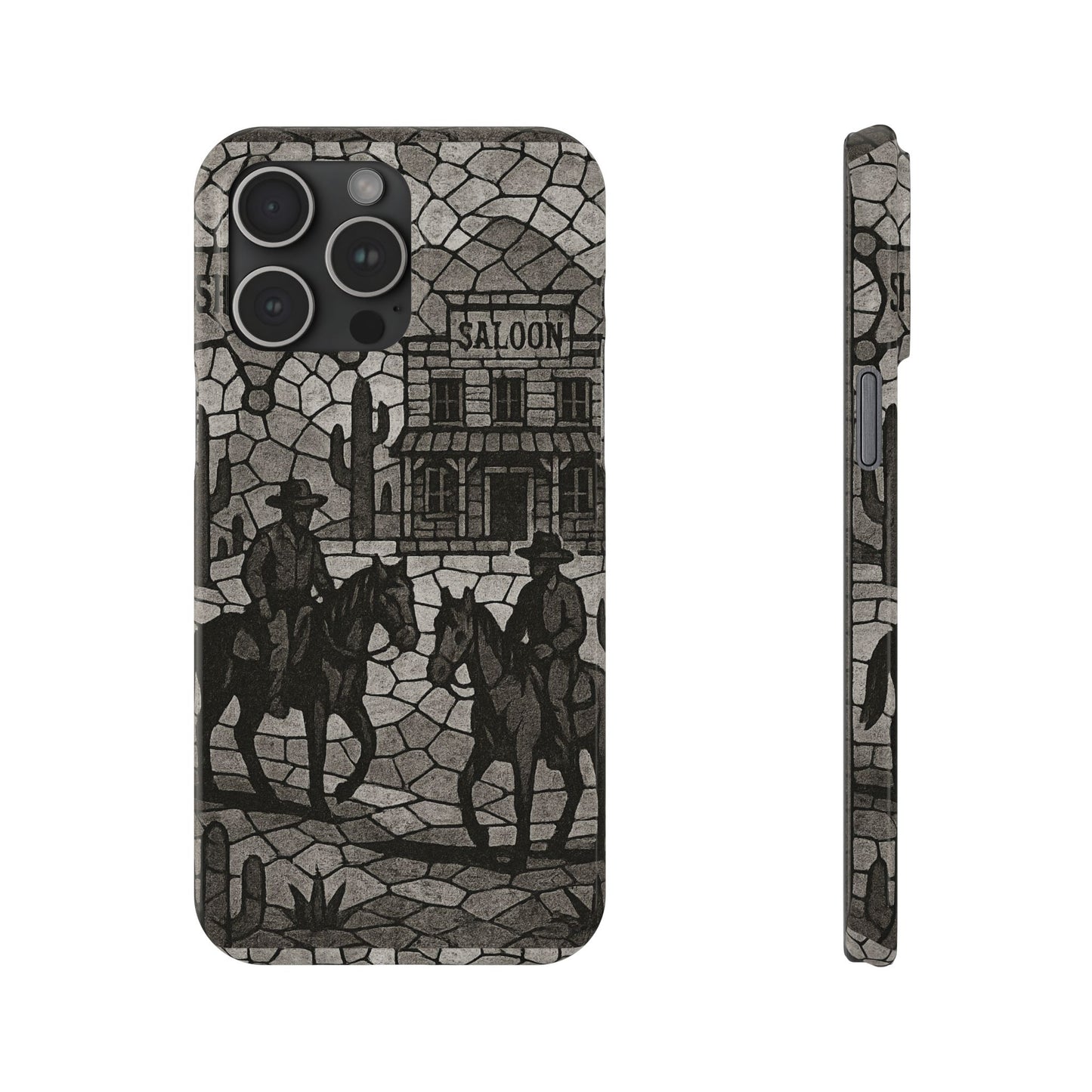 Slim Phone Cases Vintage Wild West Mosaic Art | Black & White Cowboy Scene | Sheriff, Horses & Saloon