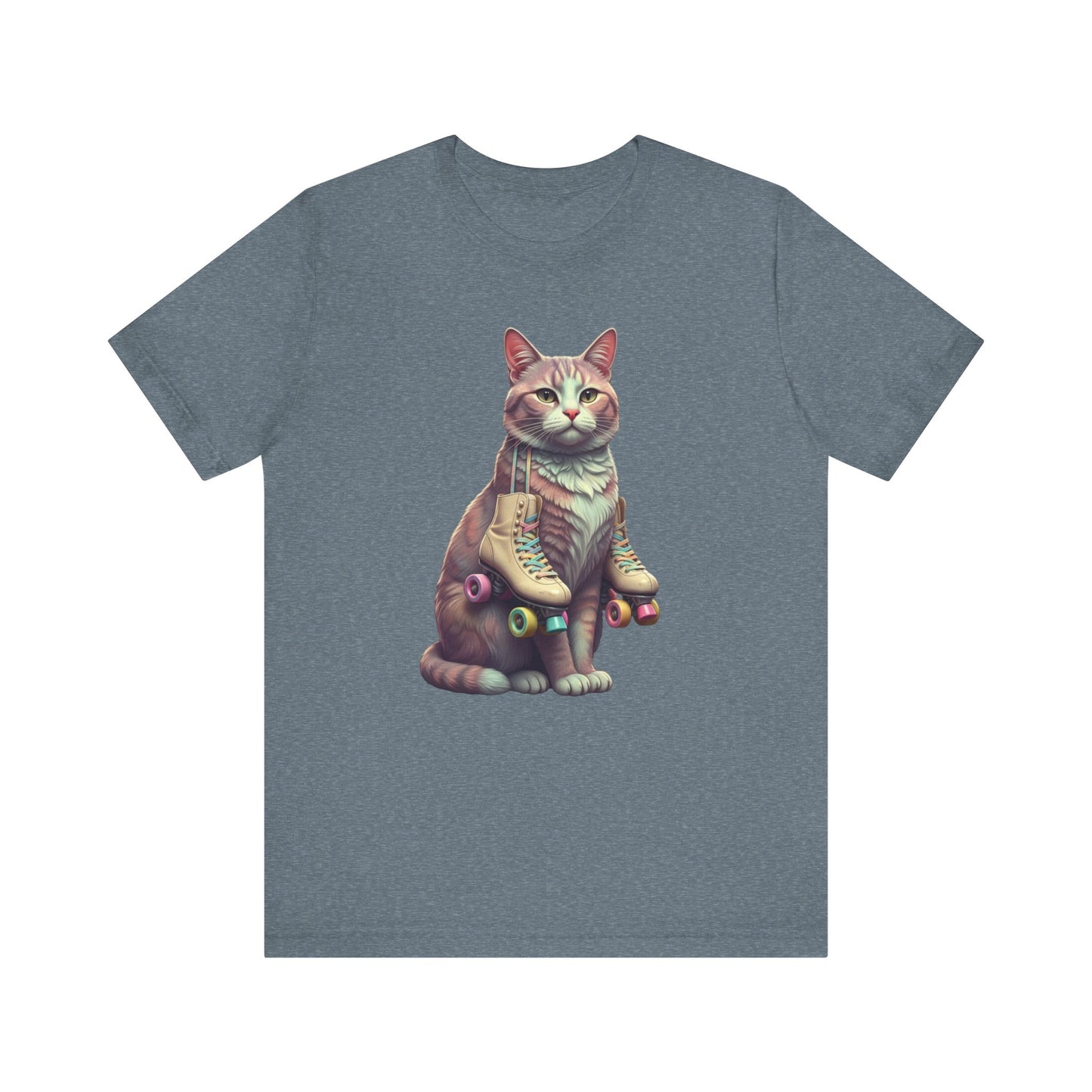 Cat with Roller Unisex Tee, Short Sleeve Shirt, Roller Coaster Cat Graphic Top, Cute Animal T-Shirt, Funny 80s Theme Shirt