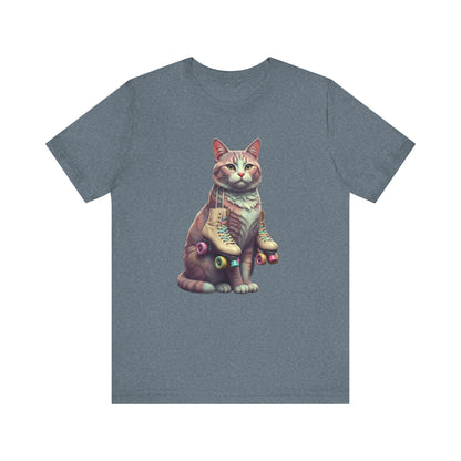 Cat with Roller Unisex Tee, Short Sleeve Shirt, Roller Coaster Cat Graphic Top, Cute Animal T-Shirt, Funny 80s Theme Shirt