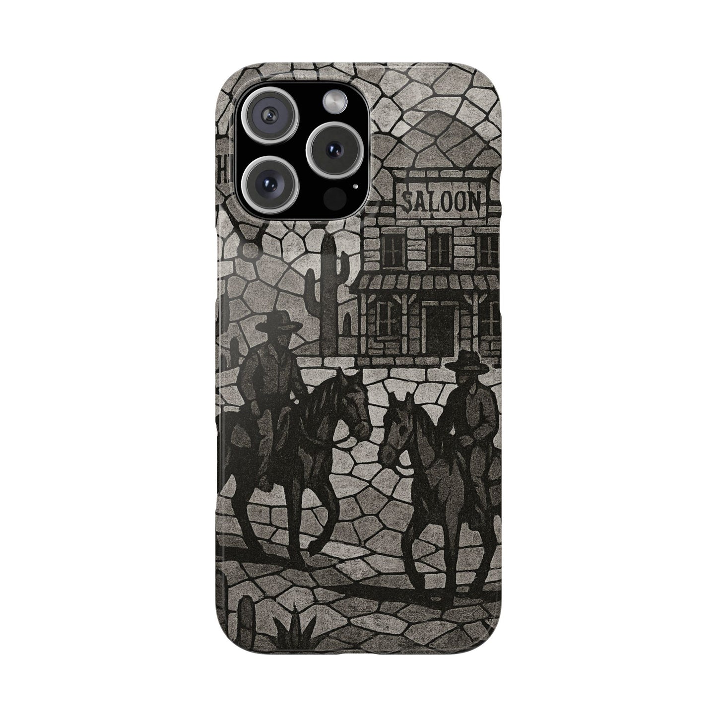 Slim Phone Cases Vintage Wild West Mosaic Art | Black & White Cowboy Scene | Sheriff, Horses & Saloon