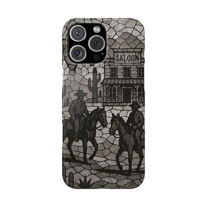 Slim Phone Cases Vintage Wild West Mosaic Art | Black & White Cowboy Scene | Sheriff, Horses & Saloon