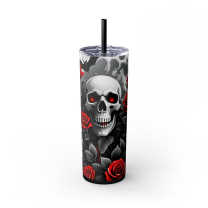 20oz Skinny Tumbler with Straw - Halloween Skulls and Red Roses Design