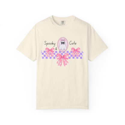 Ghostly Pink Unisex T-shirt, Spooky and Cute Halloween Shirt, Coquet Ghost Design Tee, Garment-Dyed Shirt