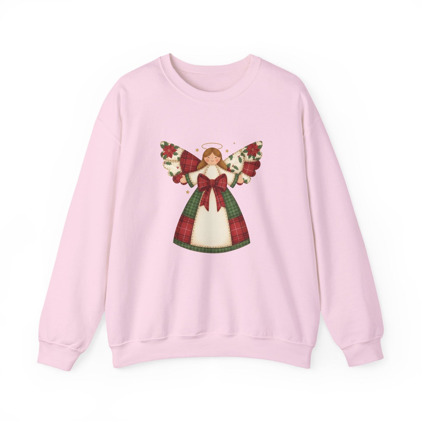 Unique Angel Design: Printed illustration of a Christmas angel in playful patchwork quilt style.