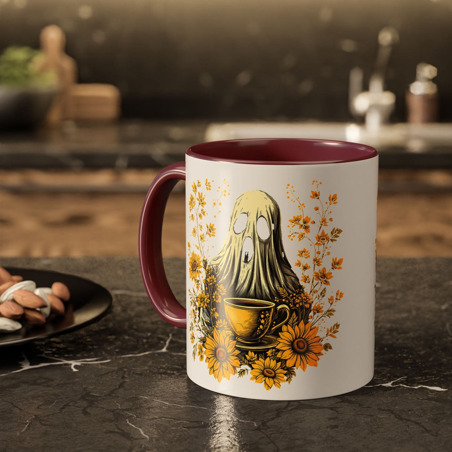 Colorful mug  with Ghost and Sunflowers Design - 11oz and 15oz