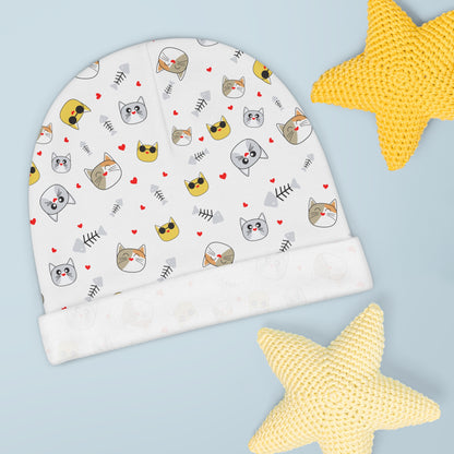 Baby Beanie, Cat Faces And Litte Hearts Knit Hat for Babies, Infant Winter Cap, Cute Animal Print Newborn Beanie, Gender Neutral Baby Shower