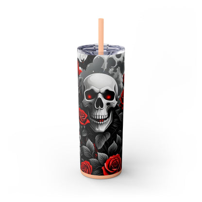 20oz Skinny Tumbler with Straw - Halloween Skulls and Red Roses Design
