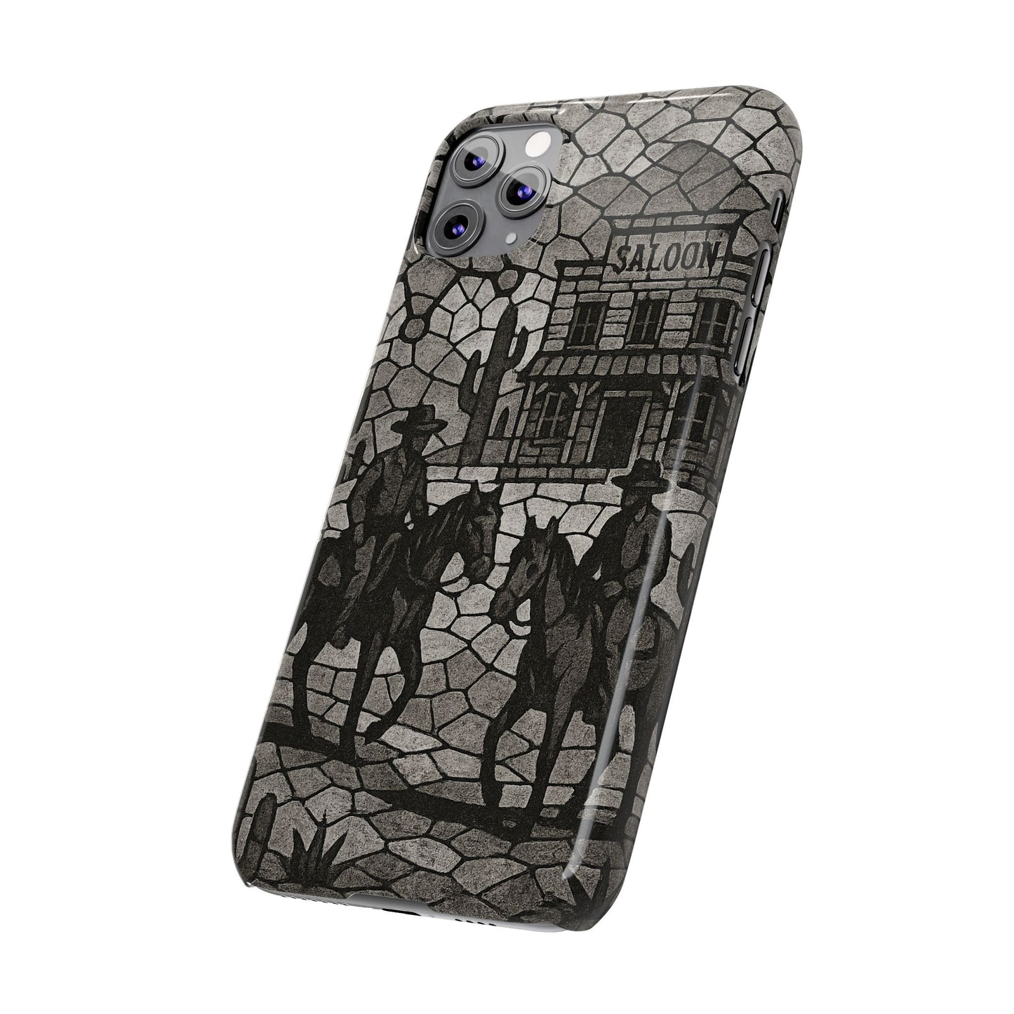Slim Phone Cases Vintage Wild West Mosaic Art | Black & White Cowboy Scene | Sheriff, Horses & Saloon
