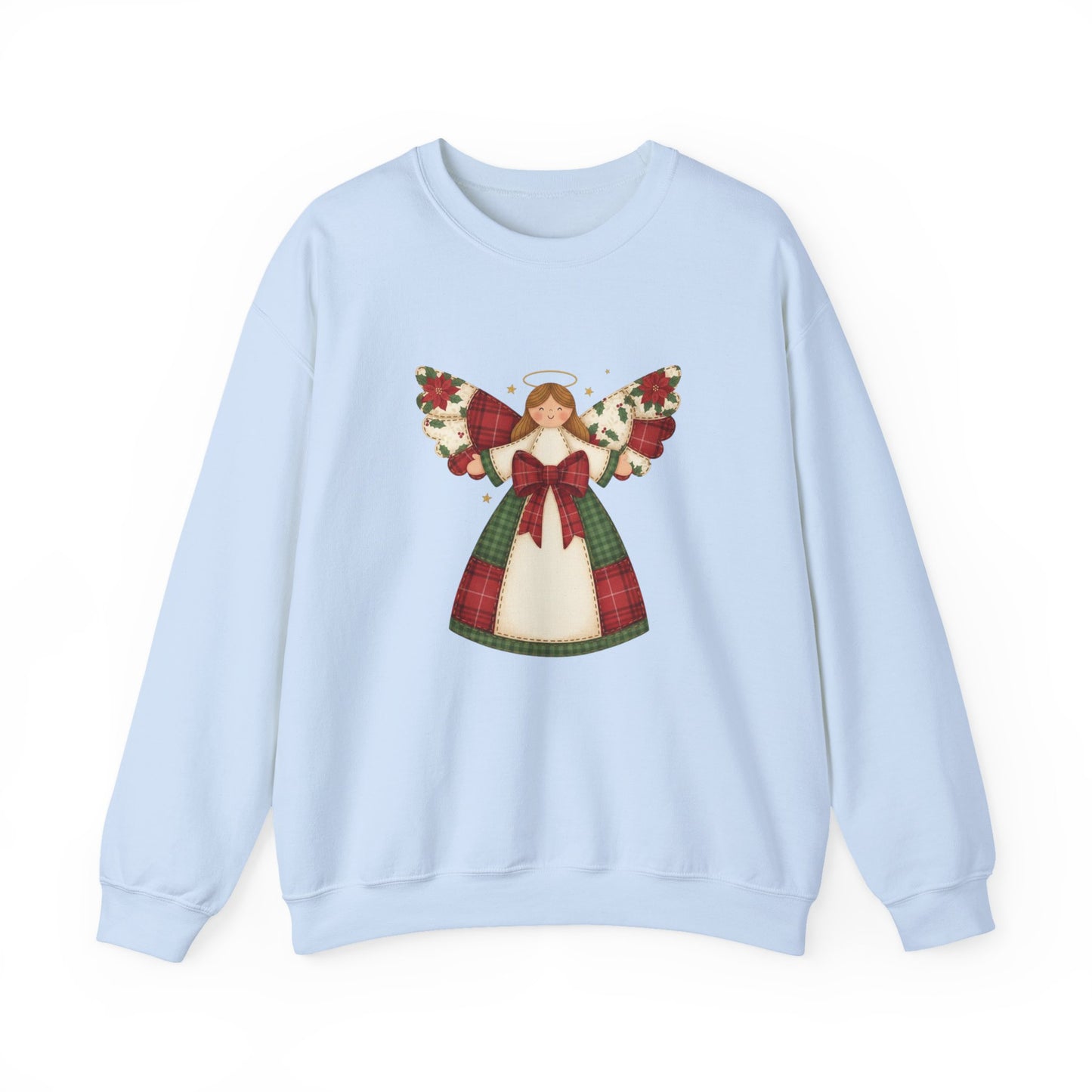 Unique Angel Design: Printed illustration of a Christmas angel in playful patchwork quilt style.