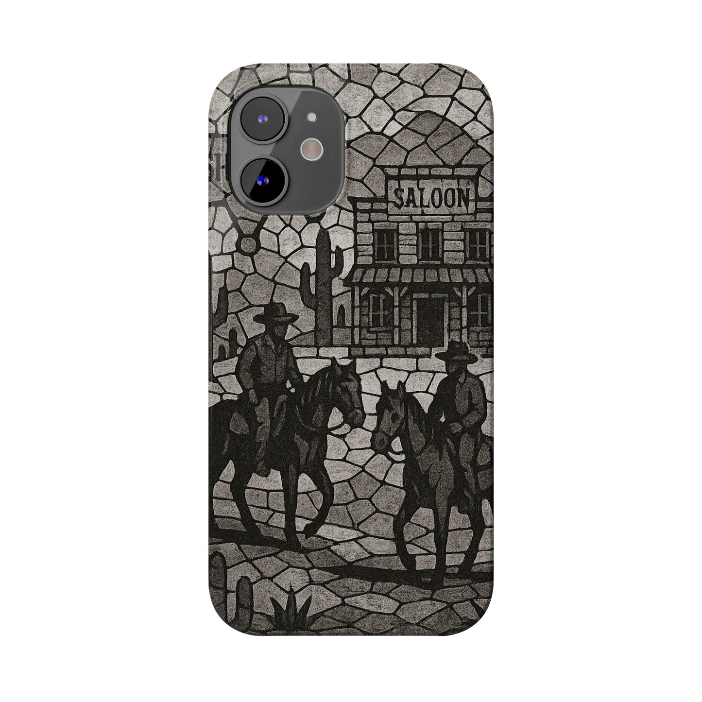 Slim Phone Cases Vintage Wild West Mosaic Art | Black & White Cowboy Scene | Sheriff, Horses & Saloon