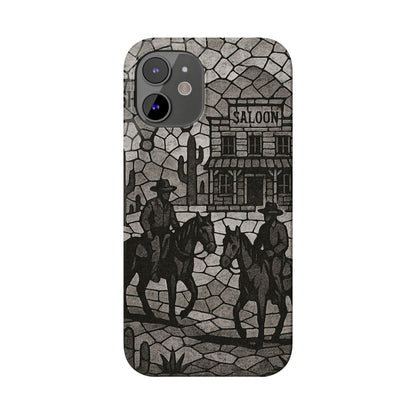 Slim Phone Cases Vintage Wild West Mosaic Art | Black & White Cowboy Scene | Sheriff, Horses & Saloon